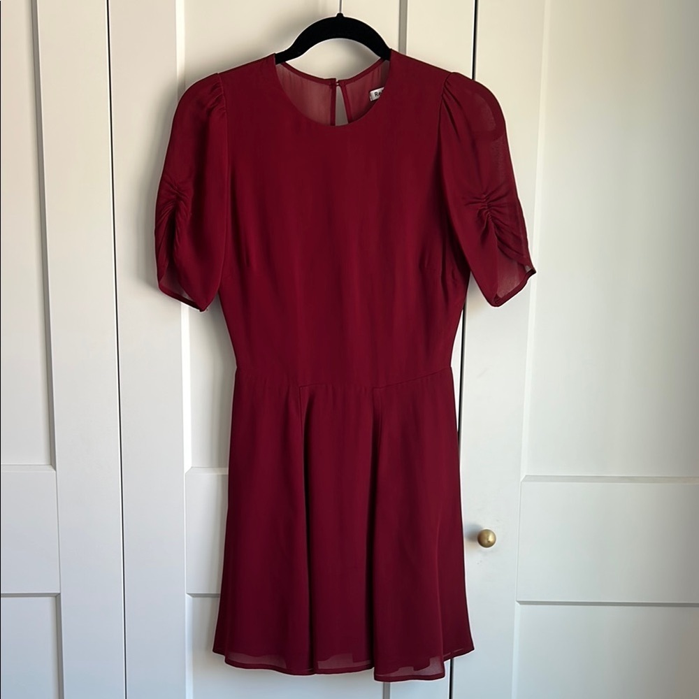 Reformation Gracie Burgundy Ruched Sleeve Mini Dress | 2 - Picture 2 of 5